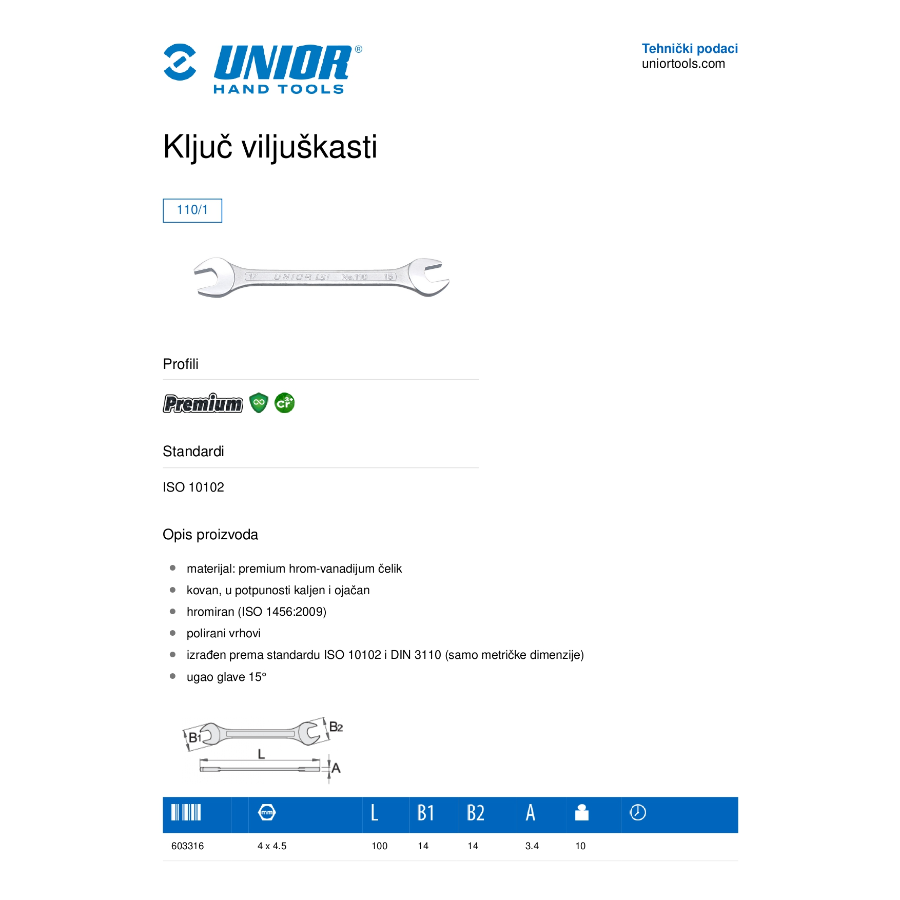UNIOR KLJUČ VILJUŠKASTI 10x14 U110/1 Ecomex