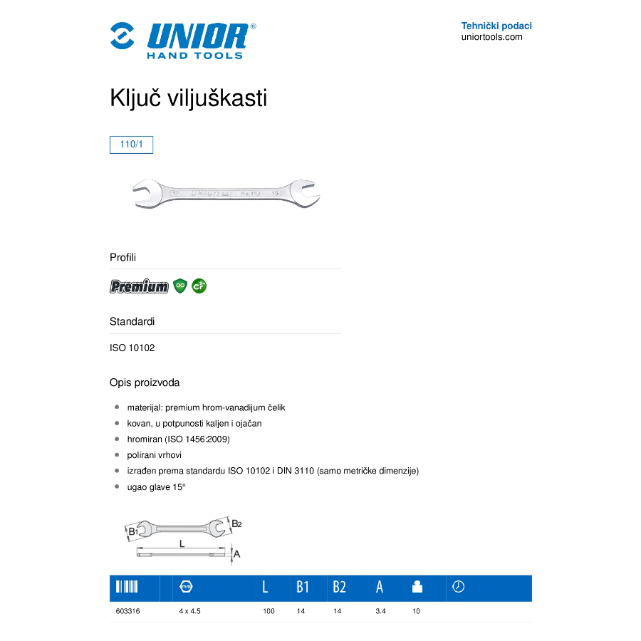 UNIOR KLJUČ VILJUŠKASTI 11x14 U110/1 Ecomex