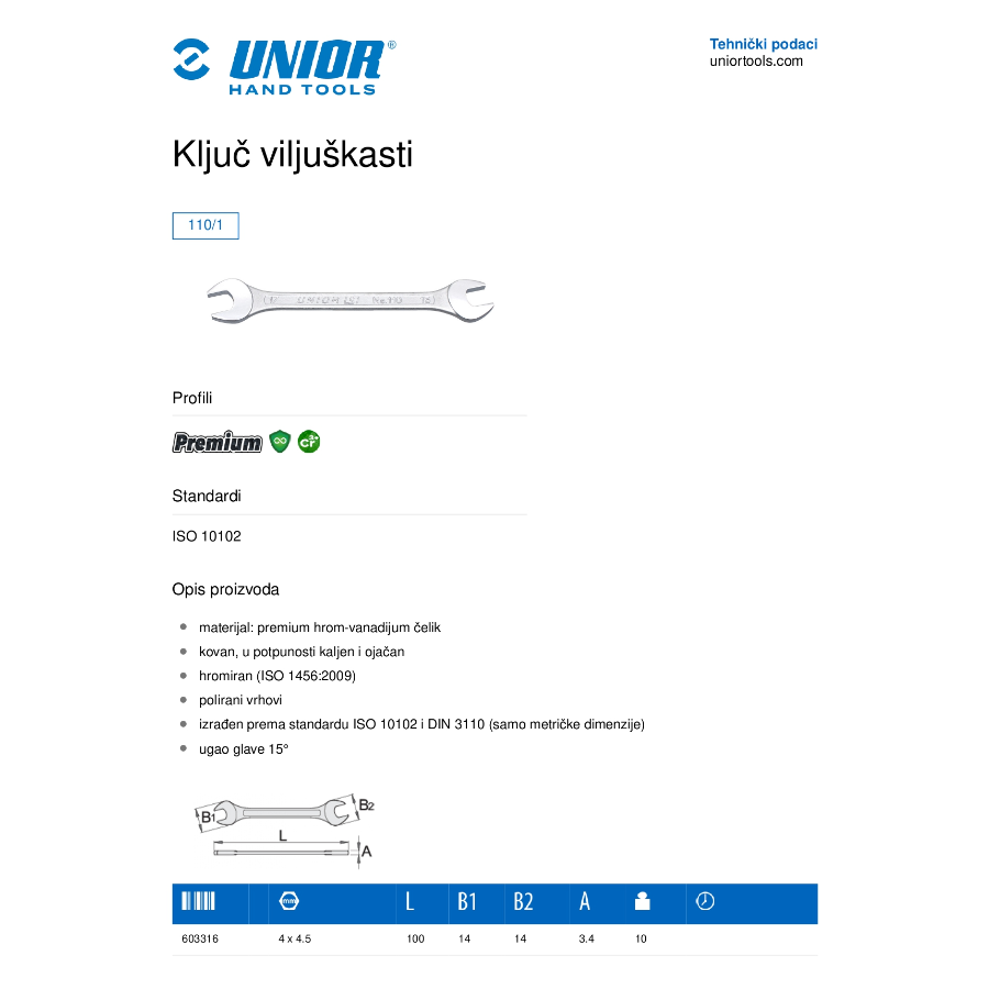 UNIOR KLJUČ VILJUŠKASTI 12x13 U110/1 Ecomex